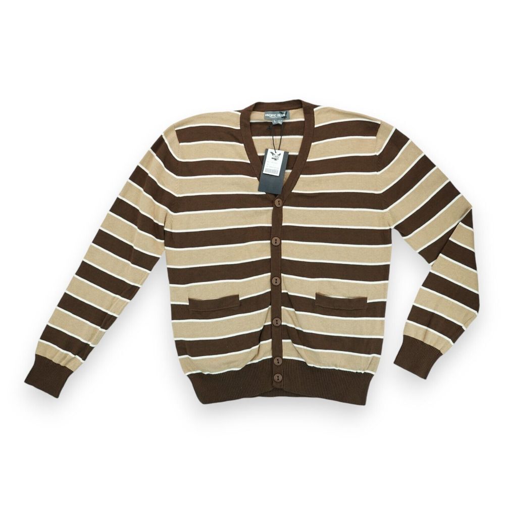 NWT Pacific Blue Mens Cardigan Sweater V Neck Striped Pattern Brown Size Large